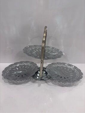 Vintage Folding 3-Tier Chrome Tidbit Tray Dessert Stand Tea Sandwich Server